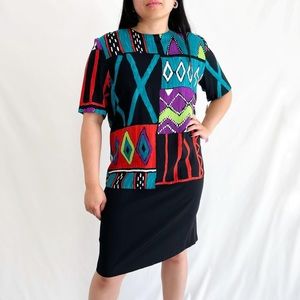 Vintage 70s/80s NWT Deadstock Black Multicolor Geometric Printed Dress Size 10